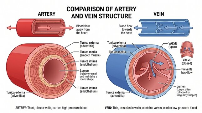 Anatomical diagram comparing the structural differences between human artery and vein blood vessels