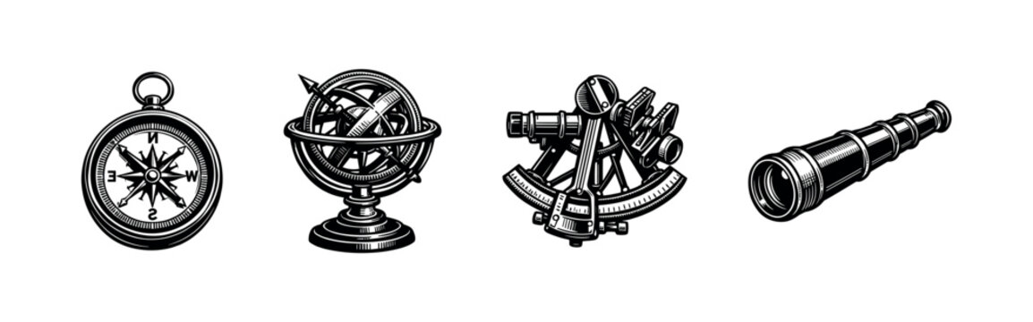 Vintage nautical instrument set telescope sextant armillary sphere compass black and white illustration