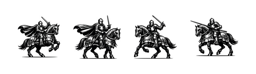 Obraz premium Medieval knights on horseback black and white silhouette vector illustration
