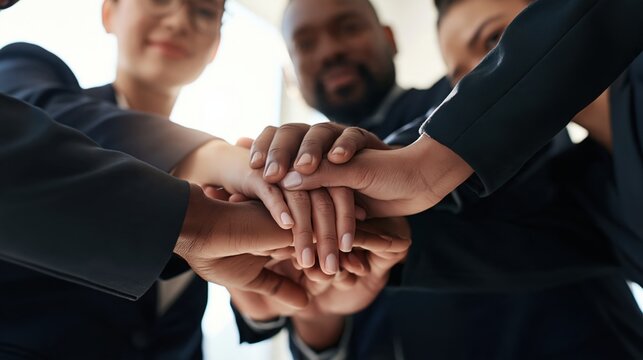 Diverse Business Team Joining Hands in Huddle, Symbolizing Teamwork, Unity and Partnership
