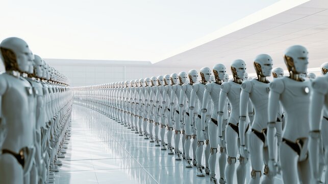 A Concept Featuring Humanoid Robots and AI Technology Lined Up in a Near-Future Facility
