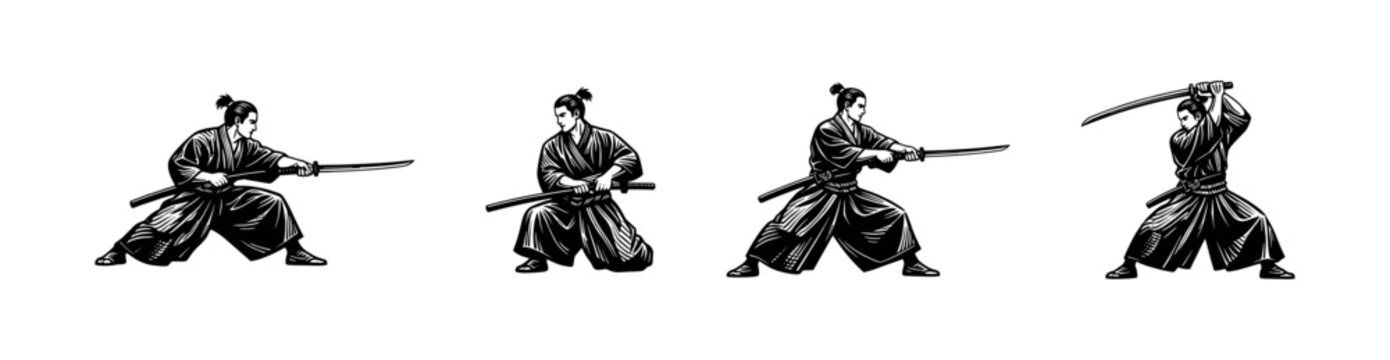 Samurai warrior poses silhouette vector illustration, sword fighting positions, martial arts design
