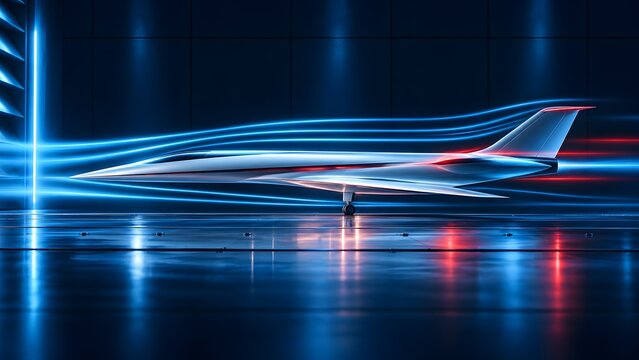 Sleek Futuristic Supersonic Jet Aircraft in Wind Tunnel Testing with Glowing Blue Aerodynamic Lines Illustrating Advanced Aviation Design