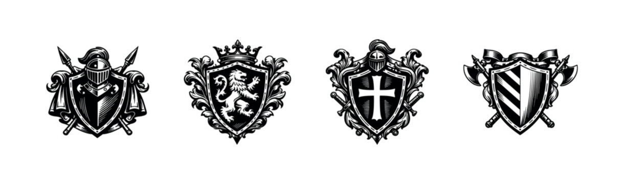 Black and white heraldic emblems with shields crossed axes and lion in vintage style vector illustration