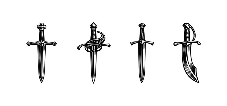 Detailed black and white vector illustration of various swords silhouettes