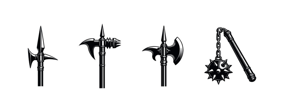 Medieval weapon collection illustration featuring mace and axes in black and white vector style