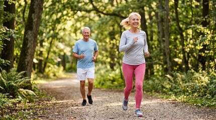 Fototapeta premium Mature couple jogging outdoors in a green forest path