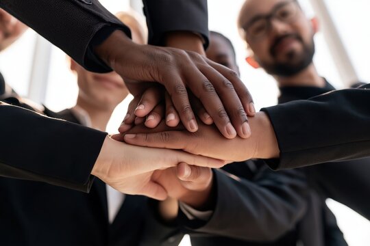 Diverse Business Team Joining Hands in Huddle, Symbolizing Teamwork, Unity and Partnership