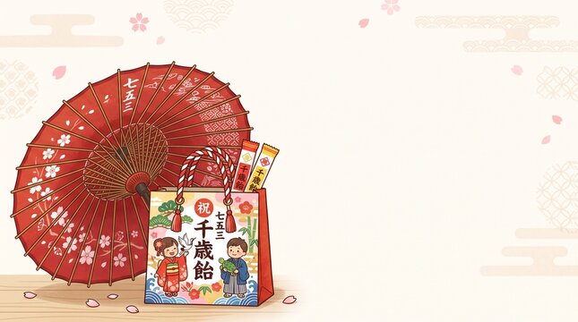 和傘と千歳飴の七五三イラスト（イベント告知バナー向け・余白多め）