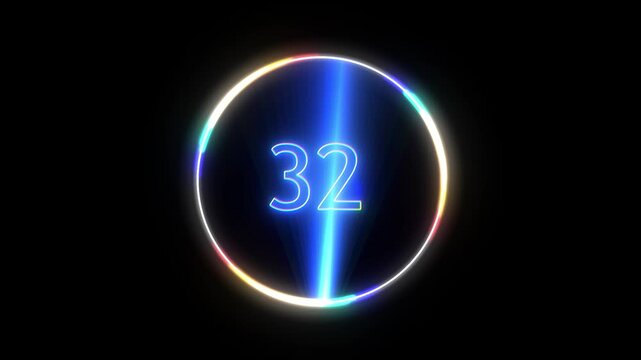Neon bright glowing floating countdown timer from 60 to 0 with after image effect, blue light scanning the numbers technology inside a neon circle border. Isolated on a black background.