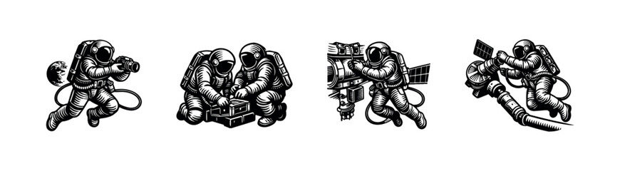 Black and white vector illustration of astronauts in various space activities © Compositor 