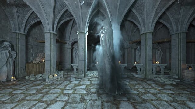 修道士の像がある広間　3DCGレンダリング