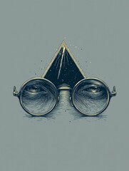 Fototapeta premium Mystical eyeglasses with hypnotic eye reflections beside enchanted pyramid emitting comet sparkles, witchcraft poster themes and magical editorial concepts