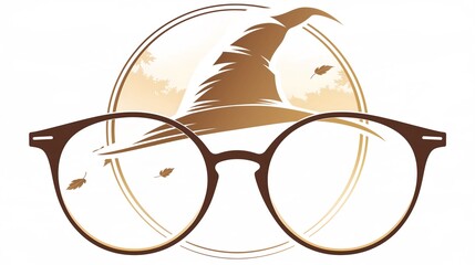 Fototapeta premium Round eyeglasses with wizard hat and floating autumn leaves, silhouette artwork for witchcraft fall poster themes and magical seasonal editorial designs