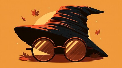 Fototapeta premium Stylized wizard hat with round eyeglasses and floating autumn leaves, vector halloween artwork, witchcraft poster designs and magic seasonal editorial concepts