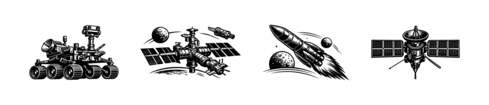 Space exploration elements vector set featuring satellite rocket space station rover