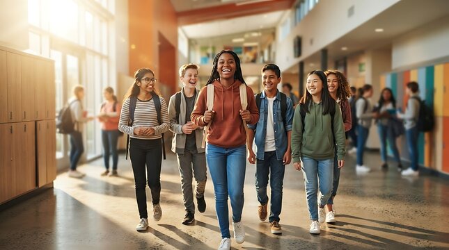A Diverse Group of Students Walking Down a Sunlit School Hallway: A vibrant and diverse group of middle school students walks together down a brightly lit school hallway, laughing and chatting.