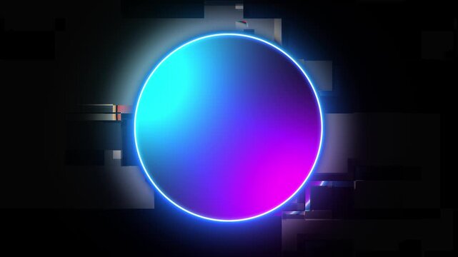 Futuristic glowing blue and pink neon round circle with flickering coolourful digital glitch effect on dark background. for techno themed intro and outers. loopable video.