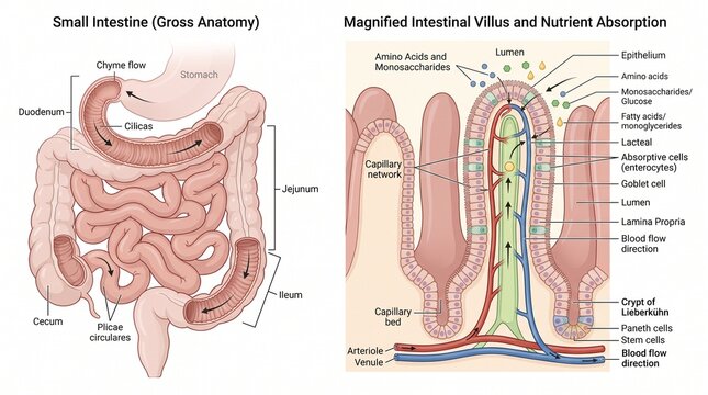 Anatomical diagram of the human small intestine and magnified intestinal villi nutrient absorption