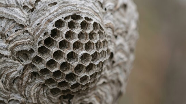 Close up of an abandoned paper wasp nest showing detailed hexagonal honeycomb cells with honeycomb