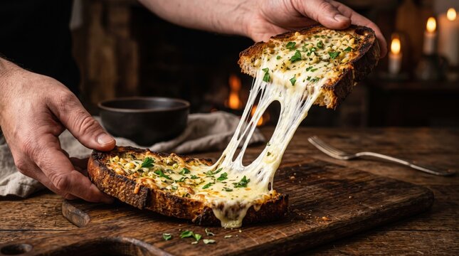 Hands pull apart a slice of toasted sourdough bread with warm melted cheese and fresh herbs.