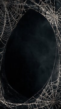 Dark chalkboard Halloween background with chalk-drawn cobweb border framing empty oval center, spooky mood for greeting card, party invitation, or social post