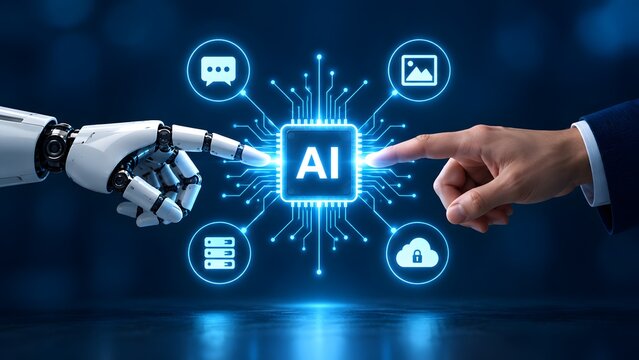 Artificial intelligence microchip connecting robot and human hands with machine learning network and cloud database icons