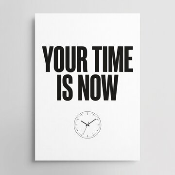 Minimalist typography poster with the motivational phrase Your Time Is Now and a clock icon