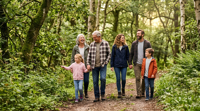 Happy Multi-Generational Family Enjoying A Summer Hike In The Woods