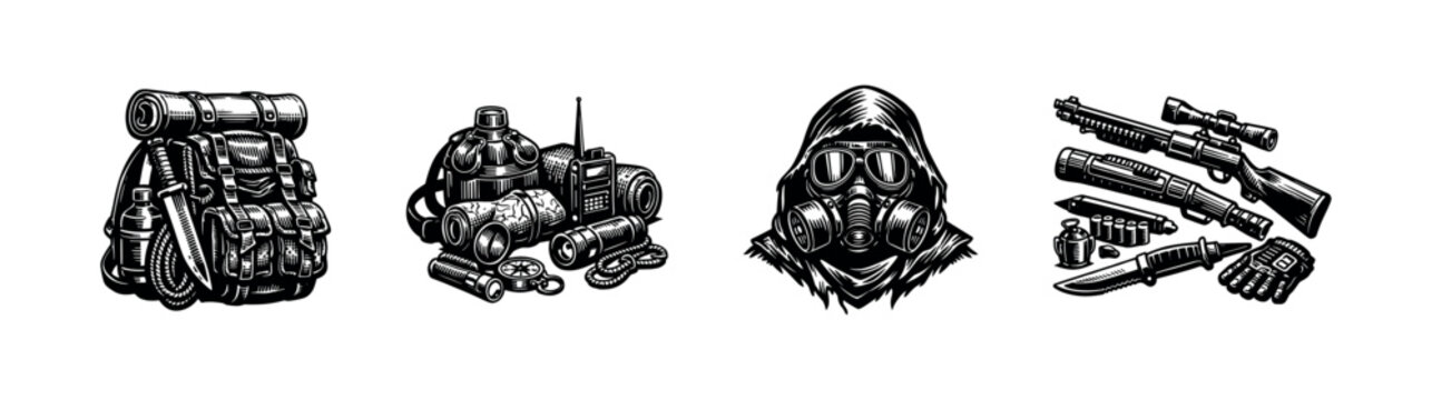 Black and white vector illustrations of tactical gear and survival equipment set