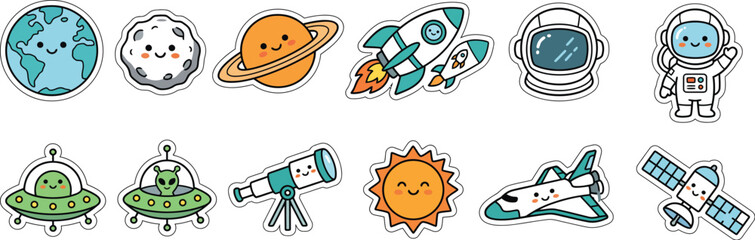 Space theme cute planet earth asteroid saturn rocket spaceship astronaut alien UFO telescope sun and satellite for galaxy adventure illustration. © M Rana