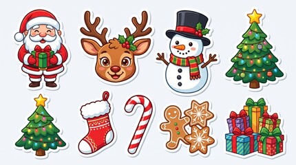 Fototapeta premium Christmas stickers set with Santa Claus, Christmas tree, snowman, reindeer, gift box, gingerbread man, snowflake, candy cane, and holiday decoration elements. Cute vector collection.