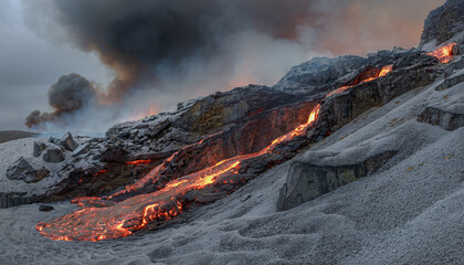 Molten lava flows down a rugged volcanic mountainside featuring glowing orange magma streams contrasting with grey rocky terrain in a detailed high definition landscape nature photography © Mxmoress