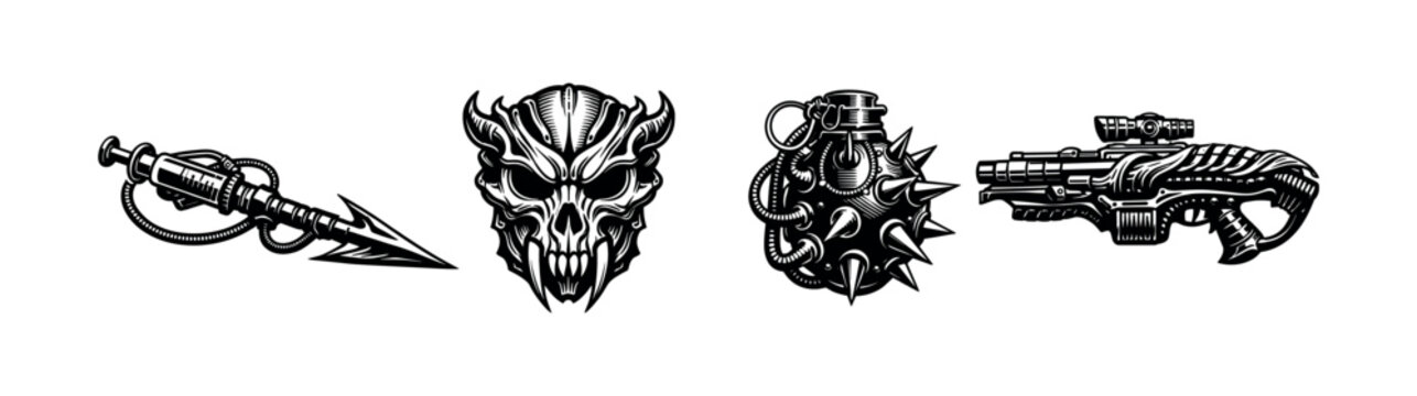 Intricate black and white silhouette illustrations of weapons and skull elements