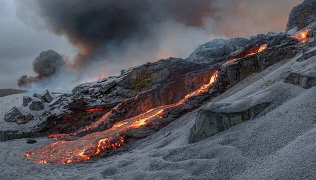 Molten lava flows down a rugged volcanic mountainside featuring glowing orange magma streams contrasting with grey rocky terrain in a detailed high definition landscape nature photography