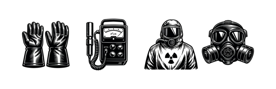 Set of black and white vector illustrations of gas mask, hazmat suit, geiger counter, and gloves