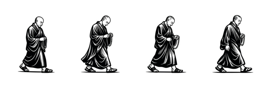 Monks in walking meditation silhouette black and white vector illustration