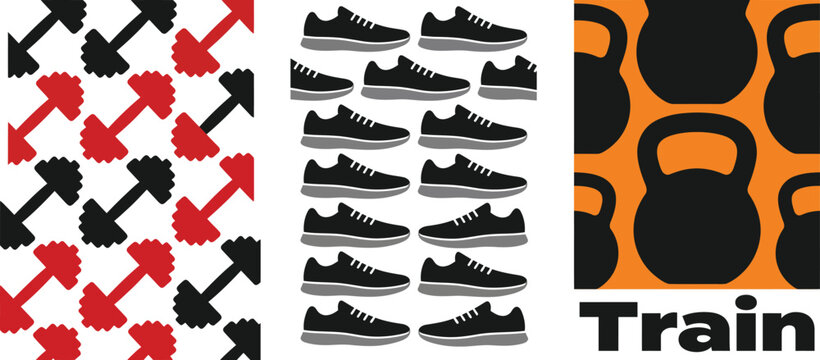 Fitness gym sports pattern set with dumbbells and shoes