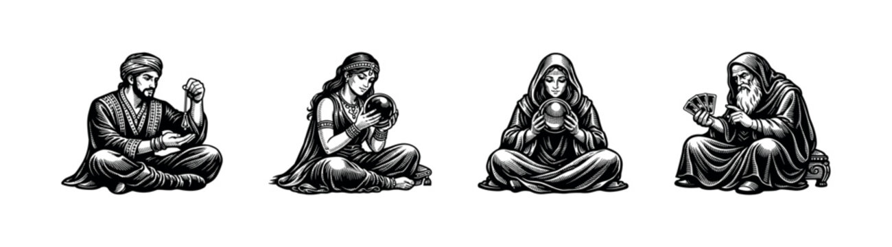 Vintage black and white fortune teller illustrations, silhouette style, mystic figures and tarot readers