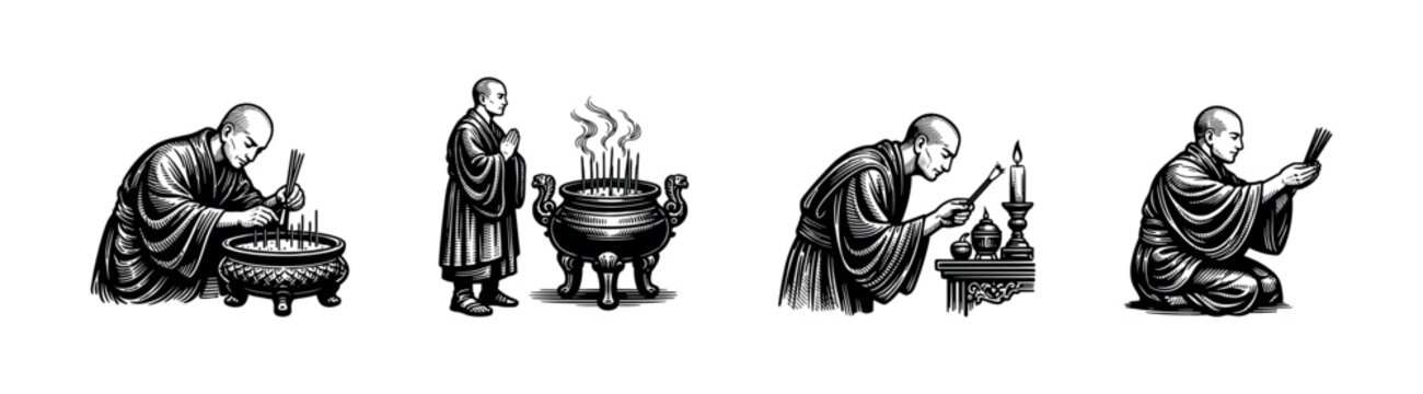Vector illustration of buddhist monk performing traditional incense rituals, black and white silhouette style