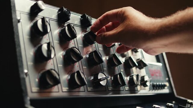 Music studio close up, Close up hands shot of sound engineer using mixing console, remote control for adjusting sound, audio mixer. Musician creates music, makes remix for DJ set. Sound recording