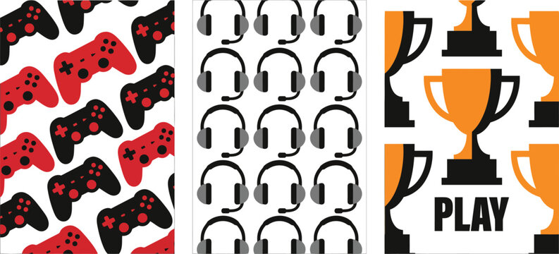 Set of three colorful video game patterns with icons