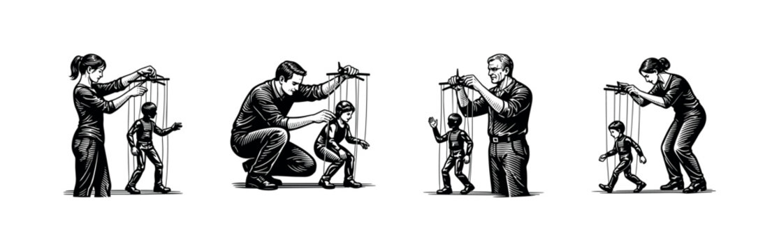 Stylized black and white vector silhouette of puppeteers controlling human puppets