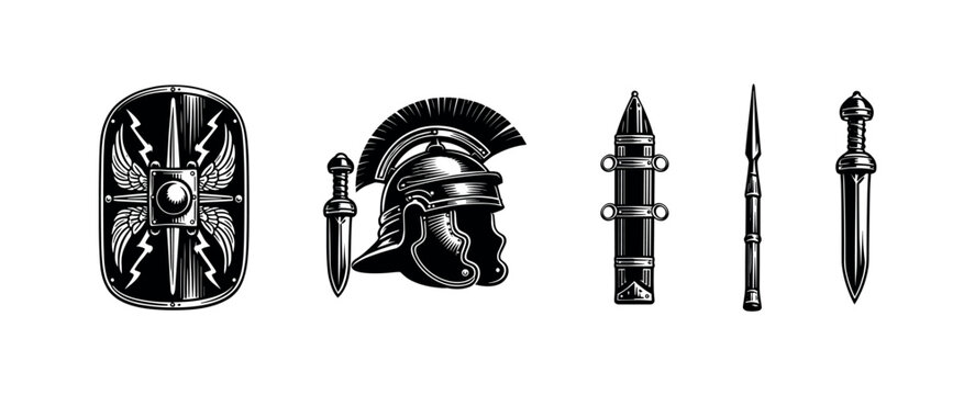 Roman gladiator weapons and armor set illustration, black and white vector elements