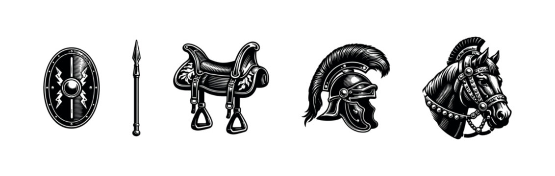 Equestrian and gladiator themed vector illustration featuring horse armor roman helmet saddle spear shield