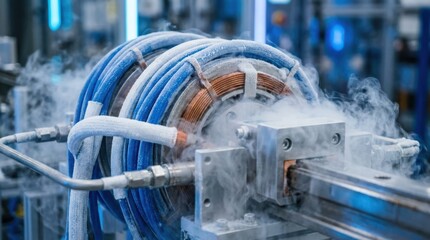 Fototapeta premium Superconducting transport components with chilled coils, maglev guideway hardware, copper windings, and cryogenic vapor