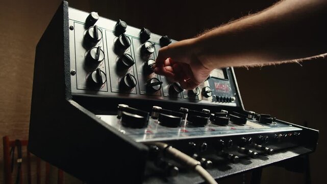 Music studio close up, Close up hands shot of sound engineer using mixing console, remote control for adjusting sound, audio mixer. Musician creates music, makes remix for DJ set. Sound recording