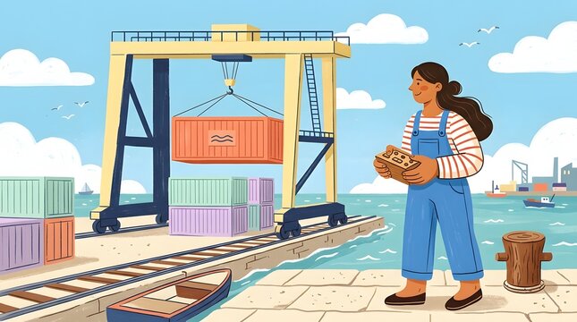 Woman operating harbor gantry crane with remote control console at container shipping terminal