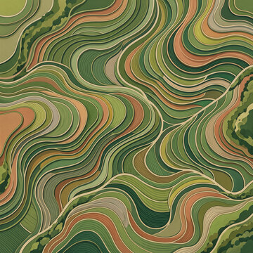 Abstract aerial-style landscape composed of flowing organic contour lines in earthy green, olive, beige, and terracotta tones, evoking topographic terrain and natural landforms.