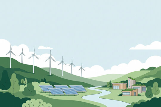 Clean energy landscape with wind turbines, solar panels, green hills, rural buildings, and a winding road, illustrating renewable energy and sustainable development.